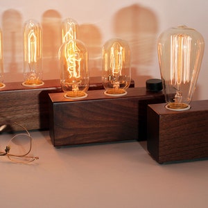 Walnut Wood Edison Bulb Lamp: Industrial Desk Decor