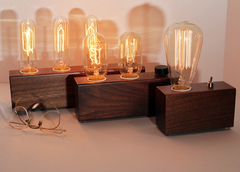 Walnut Wood Lamp with Edison bulb, wood desk lamp