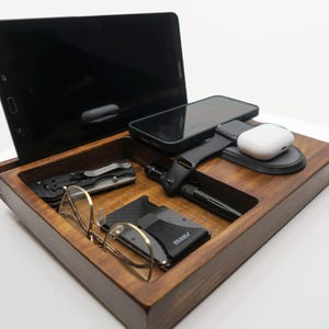 Personalized Wood Charging Station: Triple Wireless Charger Dock for Apple Watch, iPhone, Earbuds