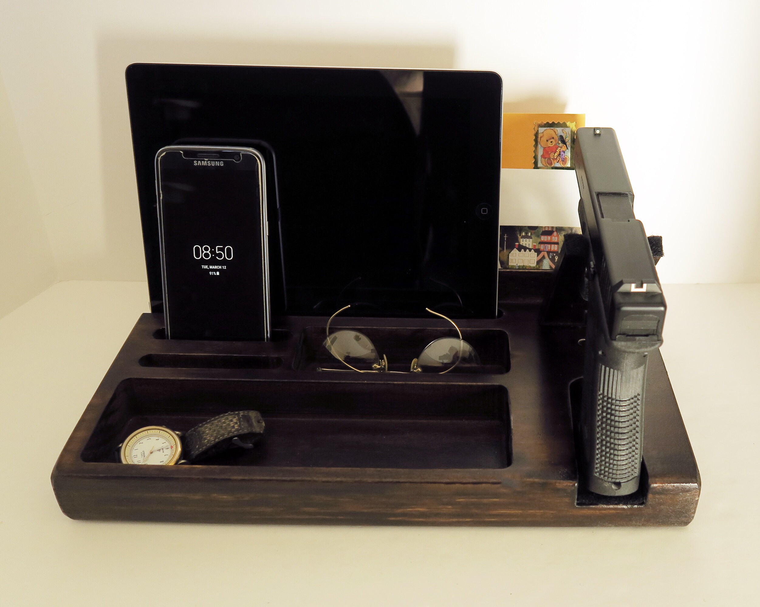 Wood organizer for gun bedside table gun holder mens gift Etsy