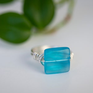 Sea glass ring, cushion cut, blue, clear, green sea glass