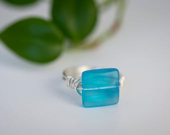 Sea glass ring, cushion cut, blue, clear, green sea glass