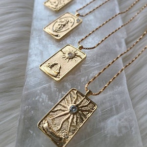 Tarot Card Necklace, Amulet Collection 14k and 18k Gold Major Arcana Card pendants Sun, Moon, Star, World Talismans image 6