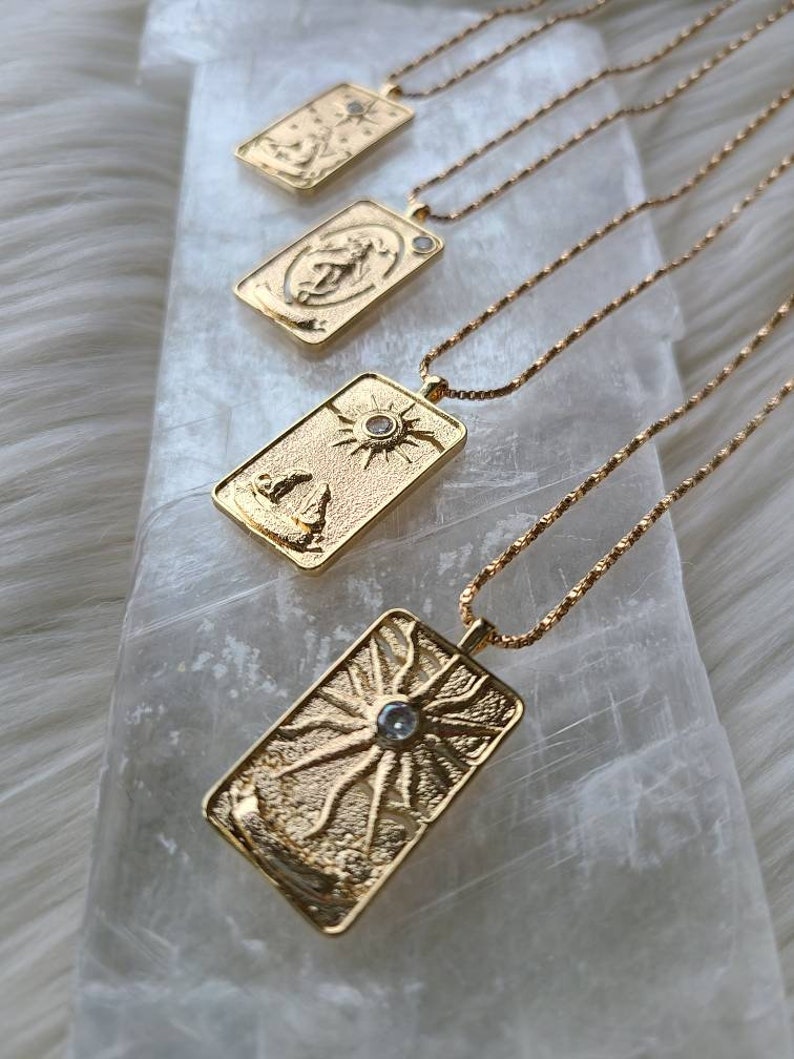 Tarot Card Necklace, Amulet Collection 14k and 18k Gold Major Arcana Card pendants Sun, Moon, Star, World Talismans image 6