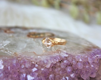 Herkimer Diamond Solitaire Ring ~ 14K Gold Fill Wire Wrapped Crystal Ring ~ Size 8 1/2