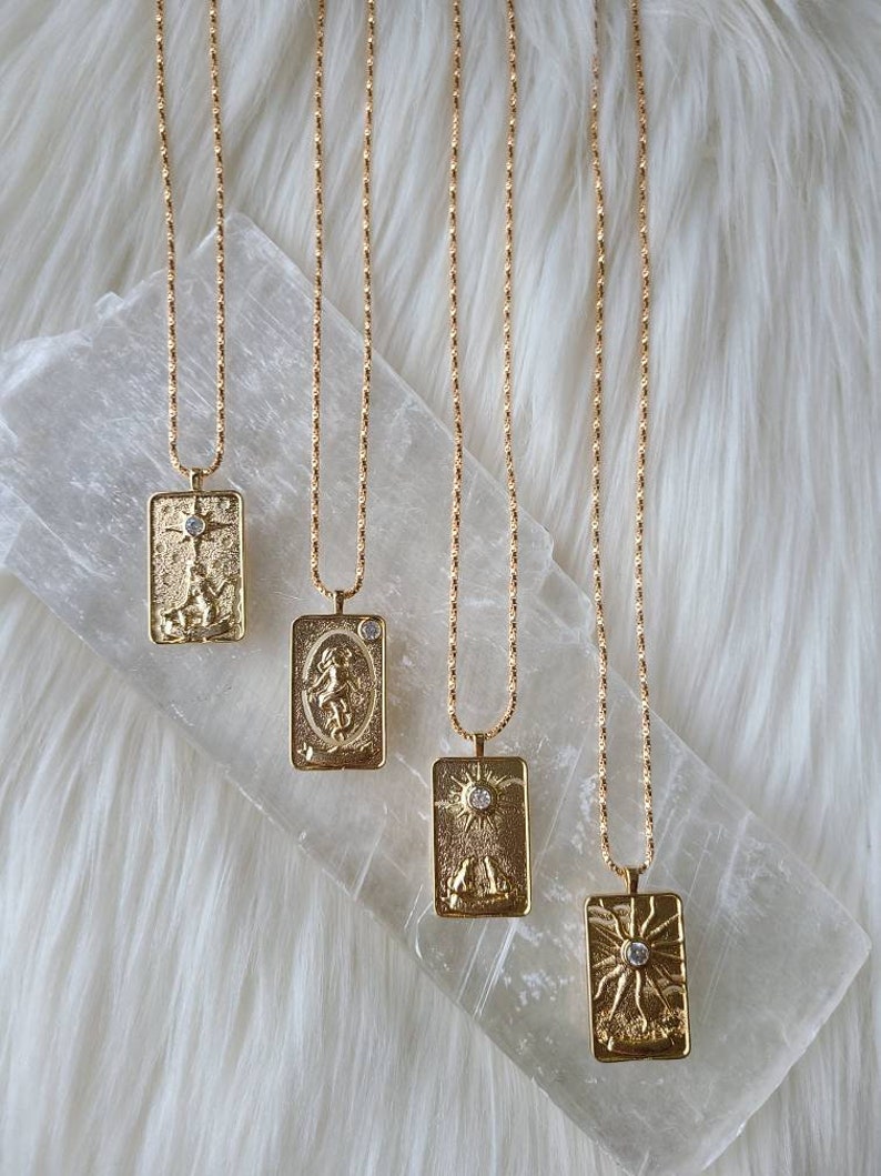 Tarot Card Necklace, Amulet Collection 14k and 18k Gold Major Arcana Card pendants Sun, Moon, Star, World Talismans image 5