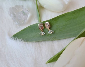 Dainty Herkimer Diamond Stud Drop Earrings ~ Elegant 14k Gold Dangles ~ Vibe Higher Collection