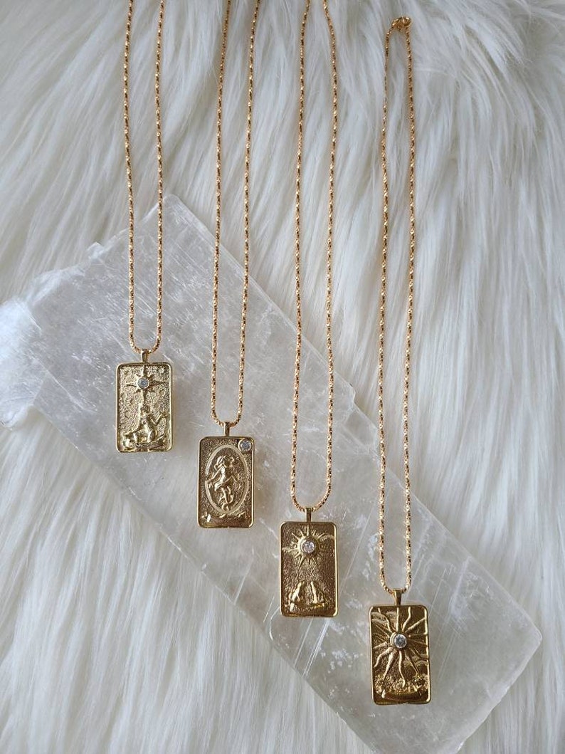 Tarot Card Necklace, Amulet Collection 14k and 18k Gold Major Arcana Card pendants Sun, Moon, Star, World Talismans image 4