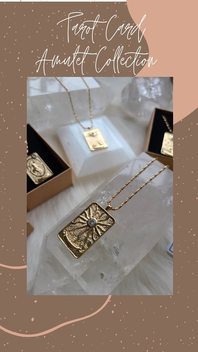 Tarot Card Necklace, Amulet Collection 14k and 18k Gold Major Arcana Card pendants Sun, Moon, Star, World Talismans image 3