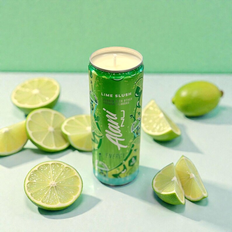 May include: A green candle in a can labeled "Lime Slush" with the brand name "Alani Nu". The candle is surrounded by fresh lime slices and whole limes. The background is a light green color.