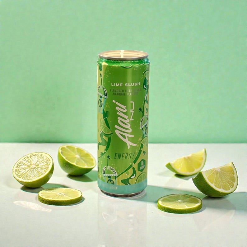 May include: A green Alani Nu Energy drink can with the words "Lime Slush" and "Energy" printed on it. The can is surrounded by fresh lime slices and halves. The background is a light green color.