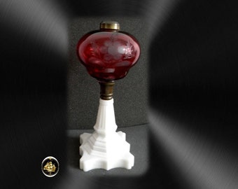 Rare vintage cranberry font oil kerosene lamp - milk glass base