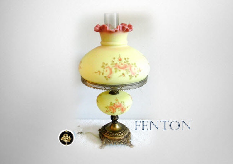 Fenton Art Glass Hand Painted Burmese Table Lamp Roses