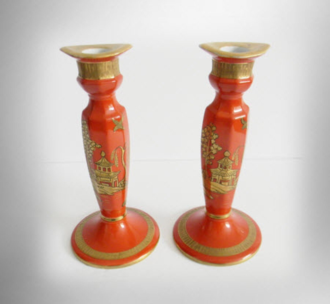 Noritake Hand Painted Nippon Candle Holders in Orange and Gold Etsy