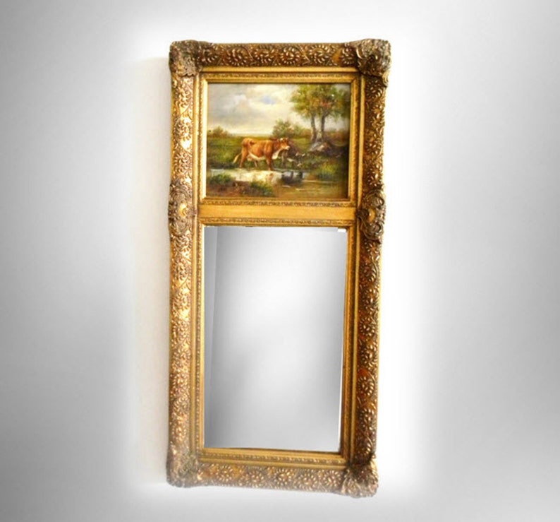 Tall Beveled Glass Wall Mirror In Gold Wood Frame Cow Painting On Board