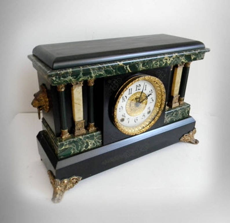 Ingraham antique shelf mantel clock with pillars and lion head Etsy
