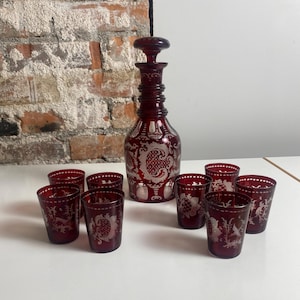Antique Bohemian Style Glass Decanter with Glasses - Egermann