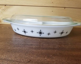 Vintage Atomic Pyrex Divided Baking Dish Black Compass Design