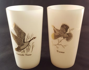Milk Glass Wild Game Bird Glasses - Set of 2