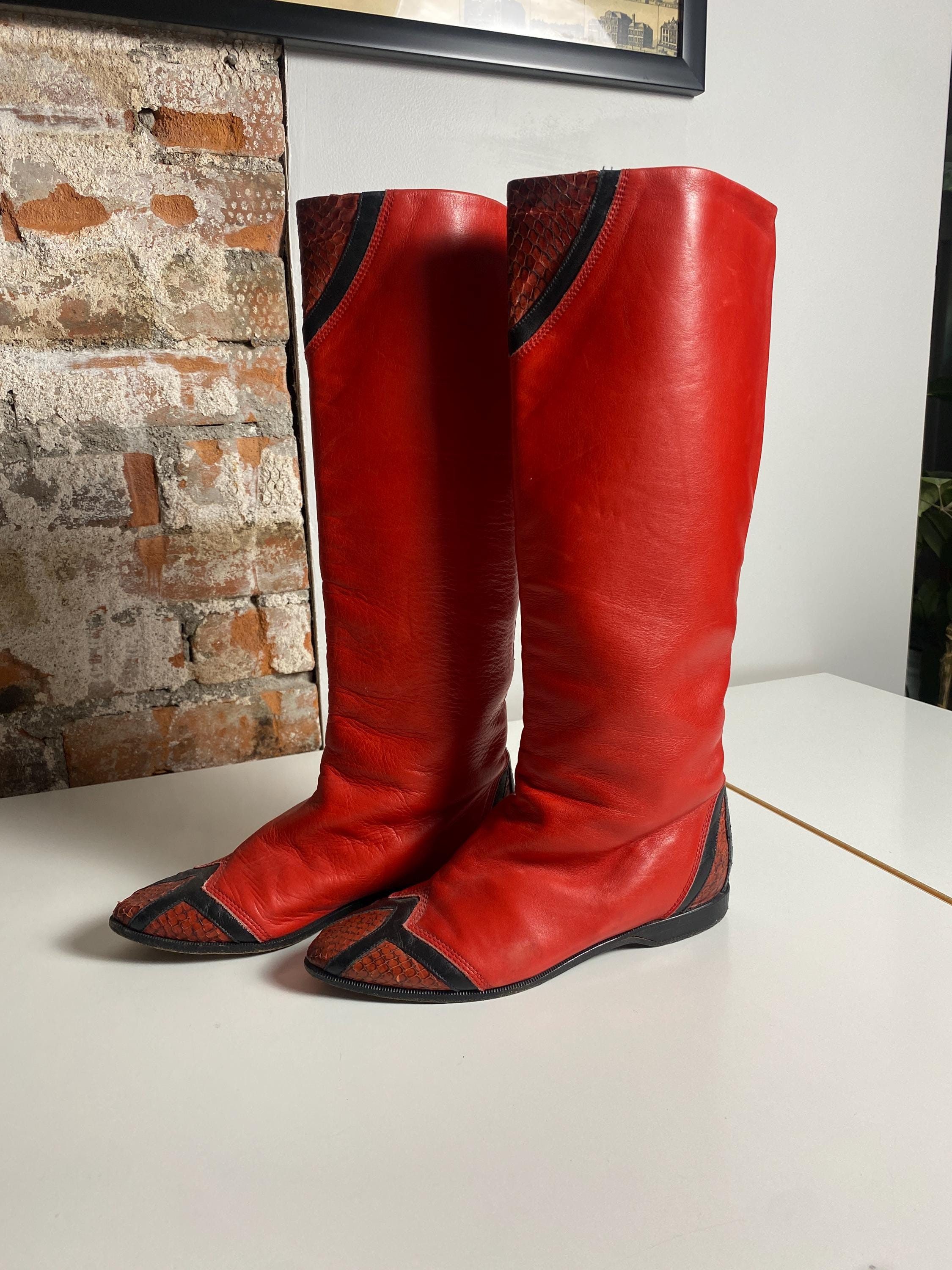 80s Red Leather Boots - Etsy
