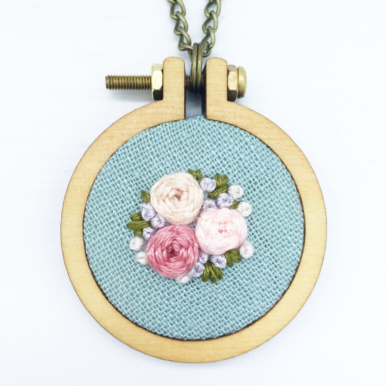 Embroidered Floral Mini Hoop Necklace Handstitched Floral Etsy