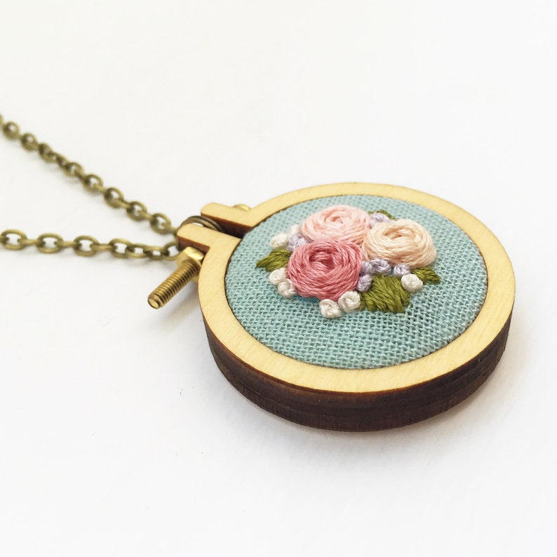 Embroidered Floral Mini Hoop Necklace Handstitched Floral Etsy