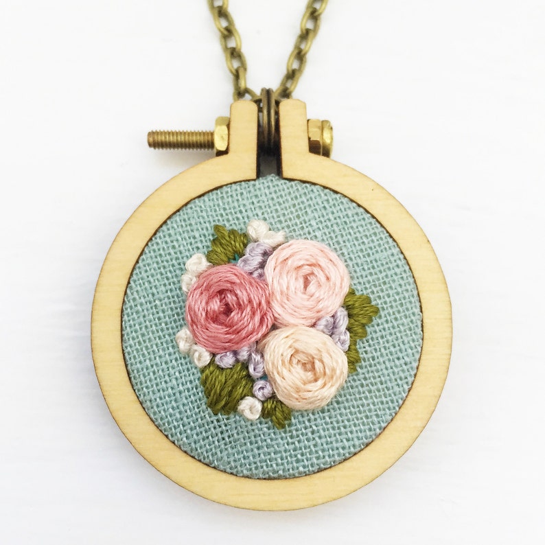 Embroidered Floral Mini Hoop Necklace Handstitched Floral Etsy