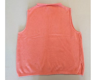 Vintage Peach Pink Sleeveless Cotton Sweater Vest with Rolled Mockneck and Side Slits by Chava Casual, Vintage Knit Sleeveless Sweater Vest