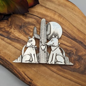 Vintage Desert Coyote with Cactus and Full Moon Southwest Silver Tone Metal Brooch Lapel Pin by JJ Jonette, Southwest Costume Jewelry Gift