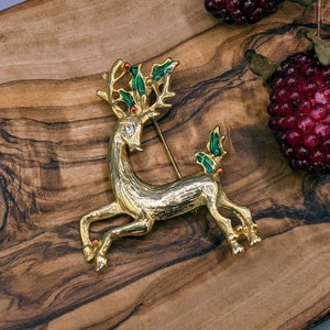 Vintage Prancing Gold Reindeer with Green Holly Berry and Rhinestone Eye Lapel Pin Brooch, Vintage Christmas Reindeer Costume Jewelry Brooch