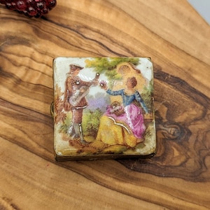 Vintage Victorian Couple Courting Metal Trinket Jewelry Ring Pill Box with Porcelain on Lid, Vintage Anniversary Valentine Love Gift for Her