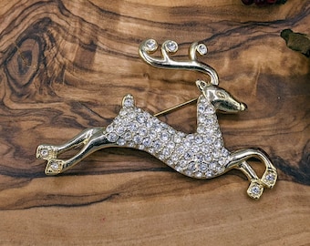 Vintage Leaping Reindeer Rhinestone Gold Metal Lapel Pin Brooch by MONET, Vintage Christmas Reindeer Costume Jewelry, Vintage Gift for Her