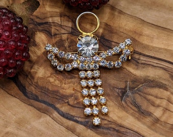 Spilla vintage a forma di angelo con strass, con alone e abito con strass pendenti, bigiotteria natalizia a forma di angelo, regalo religioso vintage a forma di angelo.