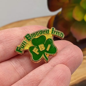 Vintage Shamrock FBI Full Blooded Irish St Patrick&#39;s Day Enamel Lapel Pin Pinback Button Brooch, Vintage Funny Irish Shamrock Lapel Pin