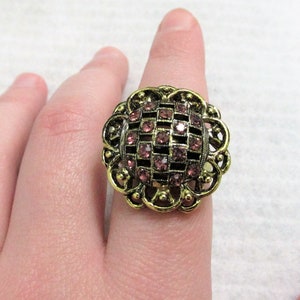 Gold Tone Metal and Purple Rhinestone Floral Adjustable Statement Ring, Vintage Rhinestone Statement Ring Costume Jewelry Cocktail Ring