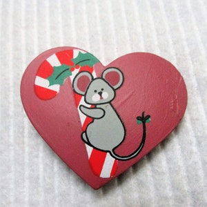 Christmas Mouse Candy Cane Holly Lapel Pin - Heart Shape Clay Brooch - Handmade Hand Painted Pinback Button - Winter Holiday Flair