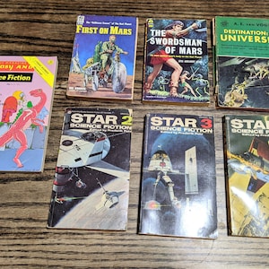 Mid Century Science Fiction Fantasy Lot of 7 Paperback Books, 1950s 1960s 1970s Sci Fi Fantasy Books, Vintage Retrofuturistic Sci Fi Decor