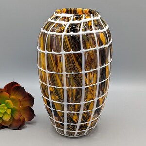 Vintage Marbled Yellow and Brown Art Glass Vase with White Grid, Brown Yellow Glass Decor, Vintage Colorful Art Glass, Housewarming Gift