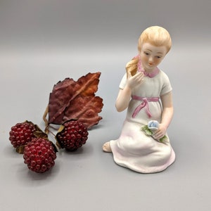 Vintage Springtime Girl in Pink Dress with Blue Rose KW2288 Lefton Figurine, 1960s Retro Kitsch Collectible Figurine, Mid Century Home Decor