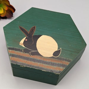 Vintage Hand Painted Black White Rabbit Bunny on Green Wood Hexagon Box, Vintage Rabbit Box, Rabbit Folk Art Decor, Rabbit Bunny Lover Gift