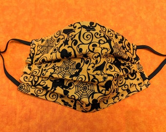 Witchy Orange Black Spiderweb Halloween Three Layer Cotton Pleated Face Mask Cover with Adjustable Elastic Ear Loops Filter Pocket Nose Wire