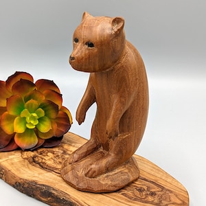 Vintage Hand Carved Wood Brown Grizzly Bear Sitting Up Figurine Statue Folk Art, Vintage Wood Bear Decor, Hand Carved Bear Folk Art Gift