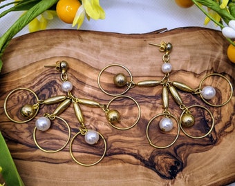 Vintage Gold Tone Metal Hoop and Faux Pearl Dangle Drop Statement Earrings, Vintage Gold Pearl Costume Jewelry, Vintage Gift for Her