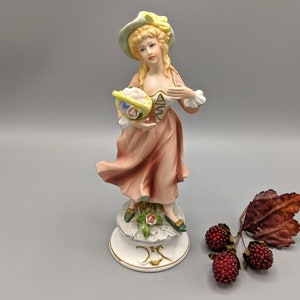 Vintage Flower Basket Lady Figurine 6689 Hand Painted Porcelain Lenwile China by Ardalt Japan, Vintage Lenwile China Ardalt Woman Figurine
