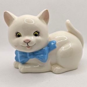 1980s White Ceramic Cat with Blue Ribbon Bow Votive Tealight Candle Holder, Vintage Retro Kitsch Cat Home Decor, Cute Gift for Cat Lover