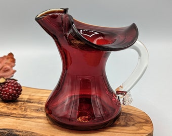Vintage Red Glass Creamer Bud Vase with Flounced Rim and Clear Handle, Vintage Hand Blown Colorful Red Art Glass Decor, Vintage Gift for Her