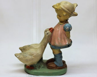 Hummel Goebel Goose Girl Ceramic Figurine Country Home Decor Farm Girl in Bonnet with White Geese Hand Painted Pastel Colors