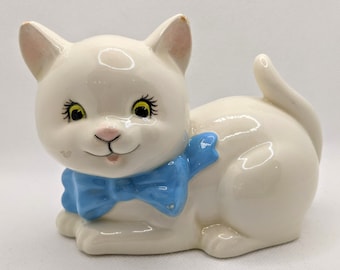 1980s White Ceramic Cat with Blue Ribbon Bow Votive Tealight Candle Holder, Vintage Retro Kitsch Cat Home Decor, Cute Gift for Cat Lover