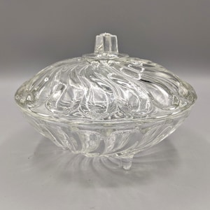 Vintage Clear Swirled Glass Lidded Candy Bowl Dish with Feet, Vintage Footed Candy Bowl with Lid, Ornate Glass Home Decor, Housewarming Gift