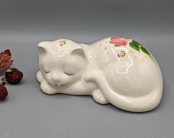 Vintage Ceramic White Cat with Hand Painted Pink Flower Motif Sleeping Figurine Sculpture Statue, Vintage Cat Lover Gift Decor, Cat Pottery